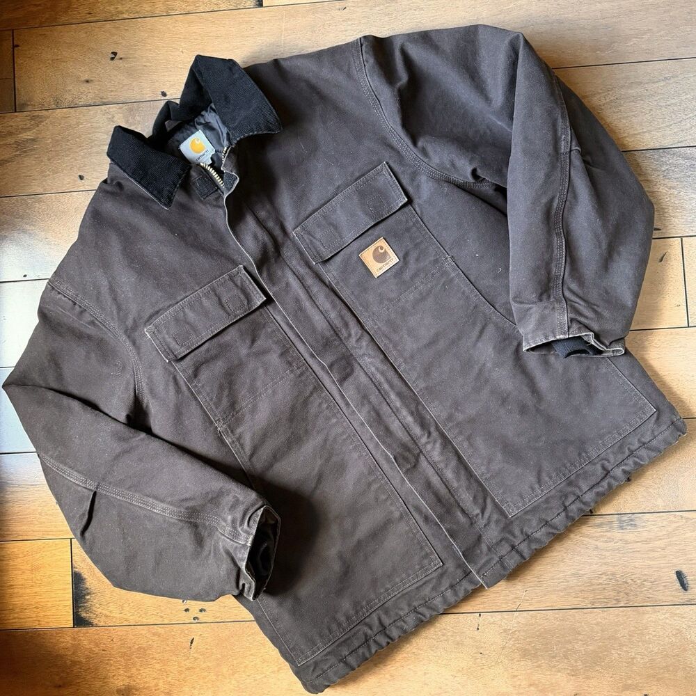 Carhartt C26 DKB Chore Brown Jacket Men LARGE Cord Collar Arctic Quilt Lined
